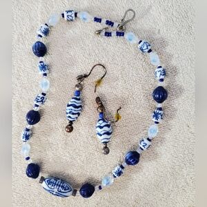 Blue and White Beaded Necklace and Earring Set